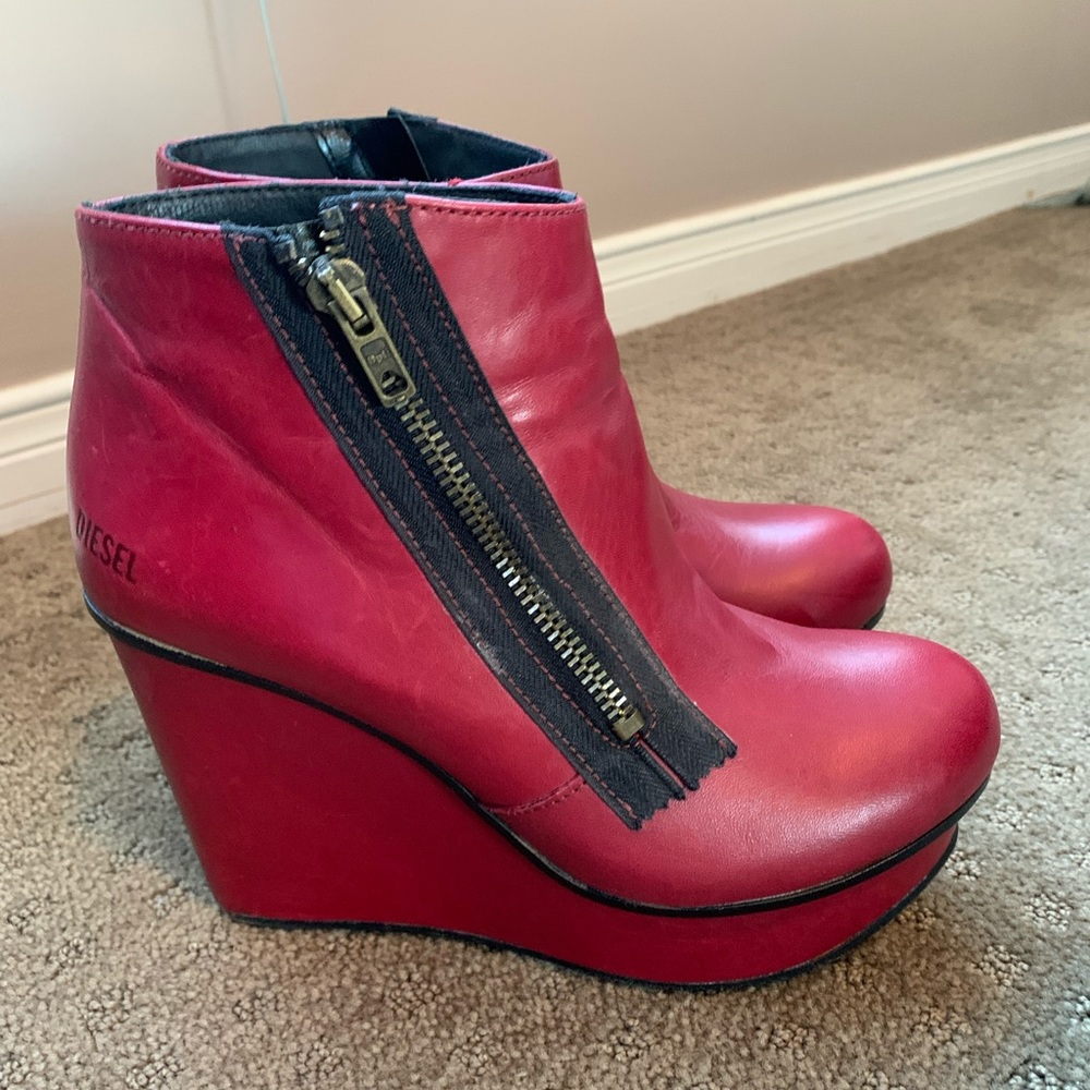 Diesel red leather wedge booties